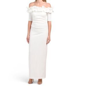 XSCAPE  Ruffle Off The Shoulder Back Slit Gown White Size 10 NWT